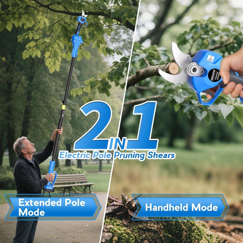 AZZUNO 20V 2-IN-1 Electric Pole Pruning Shears: 1.4 Inch Cordless Long Handle Pruner 13ft Reach, Brushless Branch Cutter with LCD Display for Tree Trimming Gardening (2Pcs 2.0Ah Batteries and Charger) - Image 2